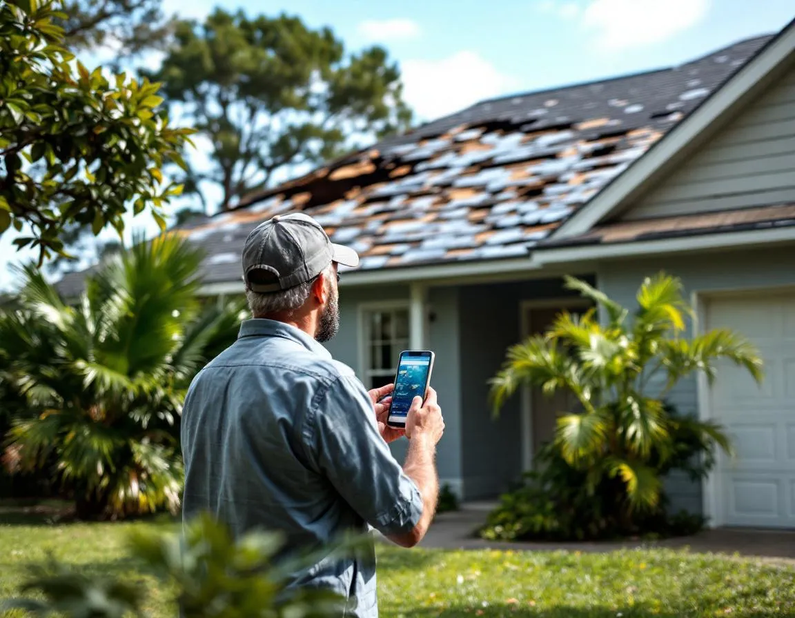 Homeowner documenting roof storm damage — the first step in filing an insurance claim