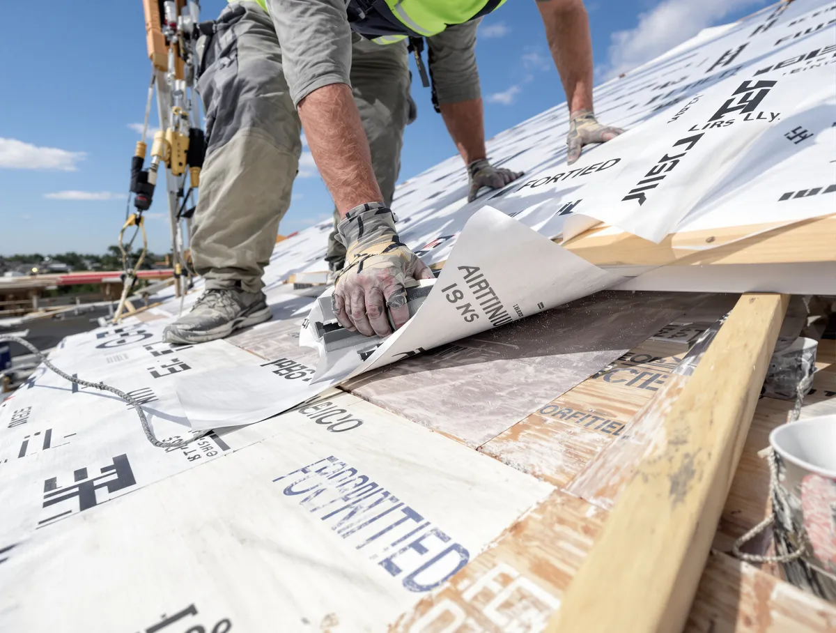 Close-up of a FORTIFIED sealed roof deck installation — the peel-and-stick underlayment that prevents water intrusion even when shingles are torn away by wind